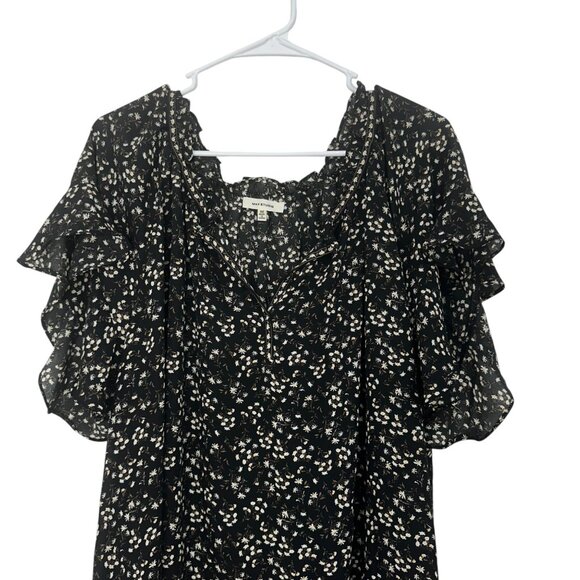 Max Studio Womens 3X Floral Ruffle Sleeve Top Blouse Black-Beige Polyester - Picture 2 of 10
